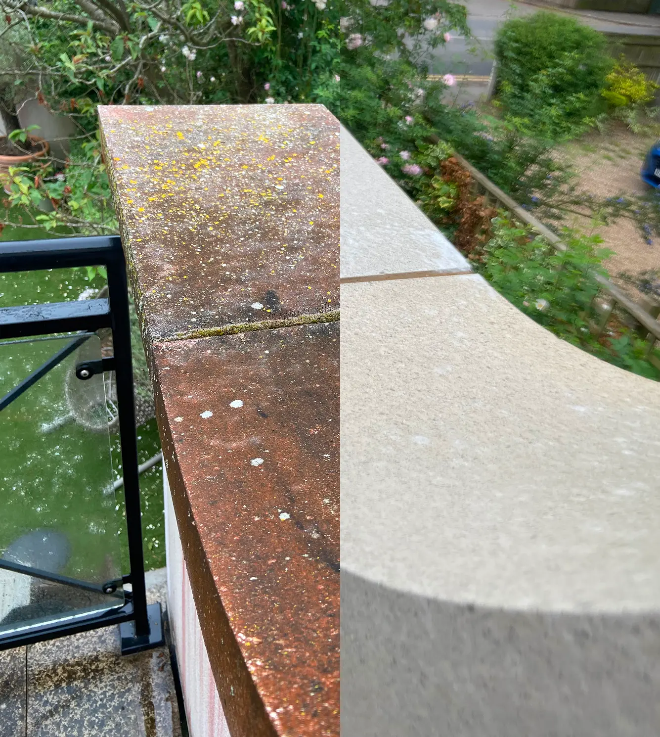 Coping stones on a stone terrace before and after cleaning, with the cleaned side showing bright sandstone